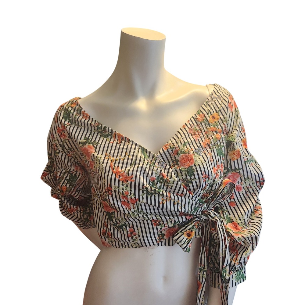 DO+BE Floral Striped Wrap Crop Top Puff Sleeve Cotton V-Neck Small
